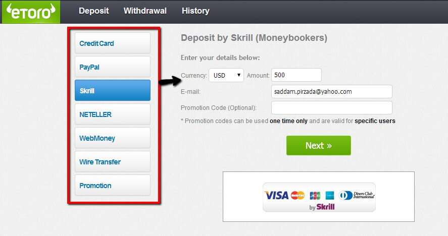 Deposit funds into eToro using a credit or debit card, PayPal, or a digital transfer service like Skrill.