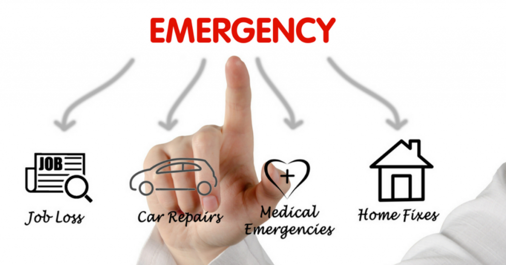 Illustration of different types of emergencies; car, job loss, home and medical