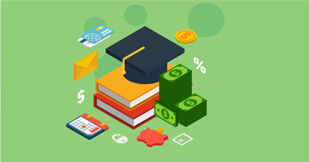 Illustration of debt consolidation featuring a graduation hat, dollar bills, calculator and books