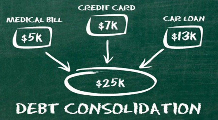 Debt consolidation illustration showing medical, credit card and car loans pooled together