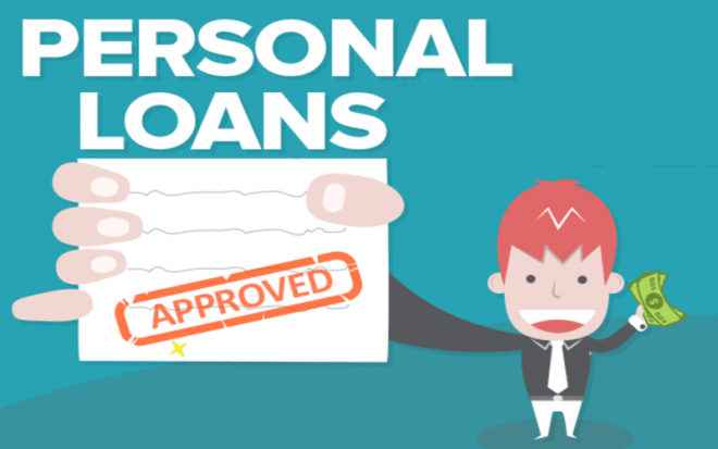 Cartoon man holding approved personal loans papers and cash