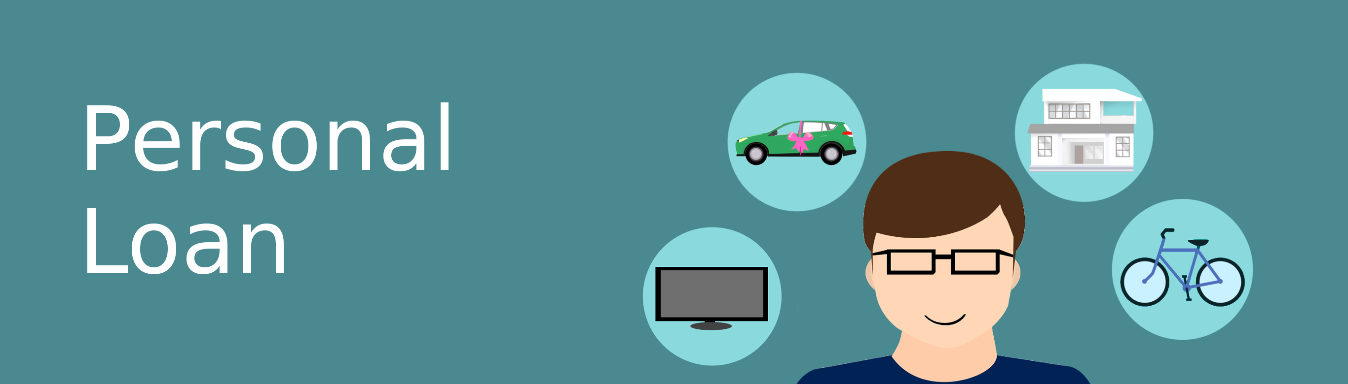 Ilustratin of a bicycle, car, house, computer monitor and man in glasses depisctimg multiuse of a personal loan