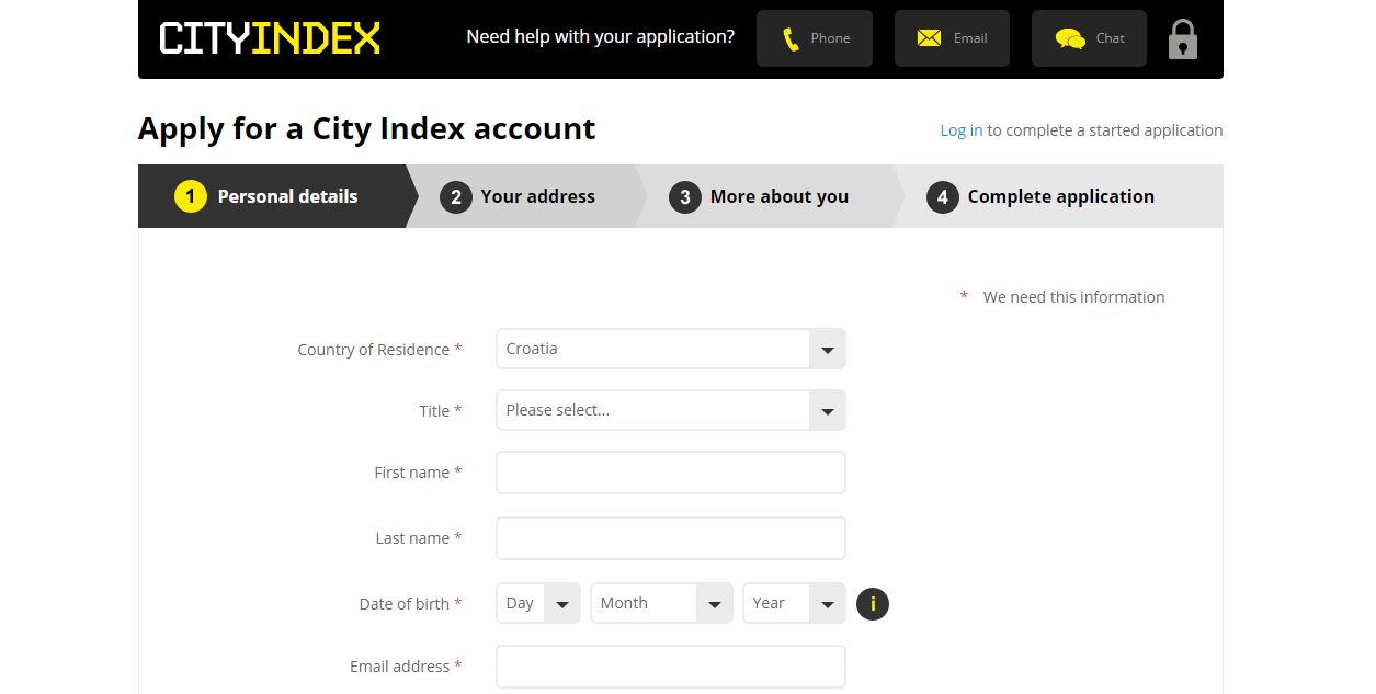 screengrab of City Index account creation page