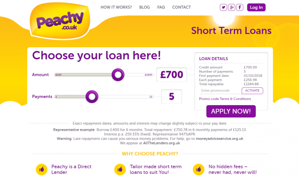 Screngrab of peachy loans application page