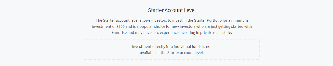 Screengrab of Fundrise start account level page with $500 minimum investment requirement