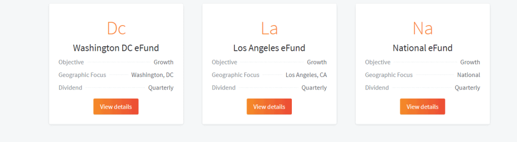 Fundrise Advanced account level page detailing the three types eFunds you can invest in: Washington, Los Angeles and National eFunds