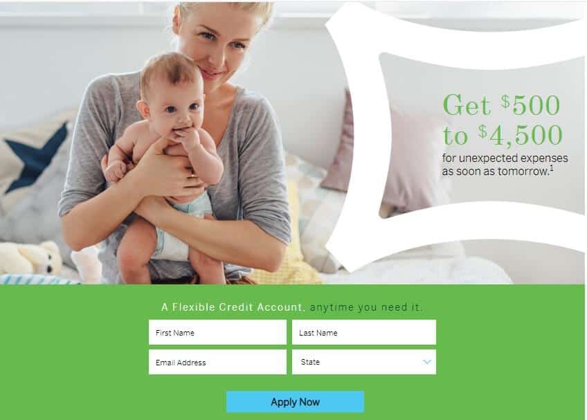 Woman holding baby on loan application page of Elastic alongside call to action for borrowing $500-$4500