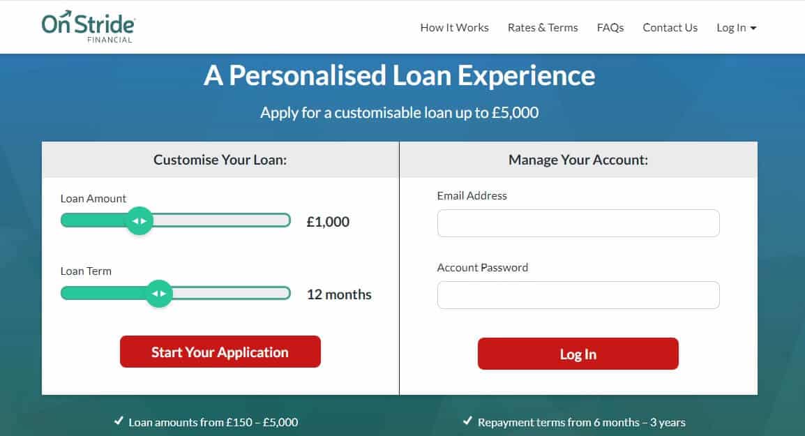 Loan application page of On Stride Financial