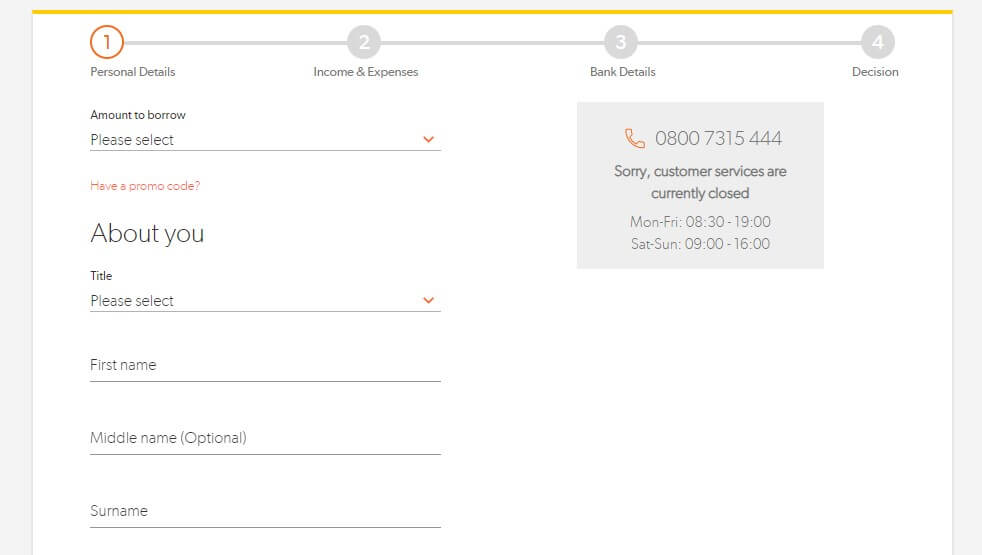 Loan application page of Sunny loans capturing personal information