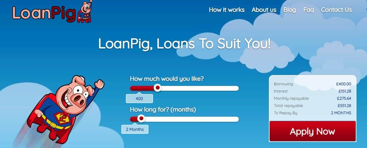 Screengrab of LoanPig lending company homepage