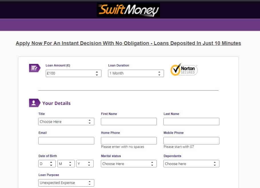 Swift Money loan applicatipn page capturing personal info