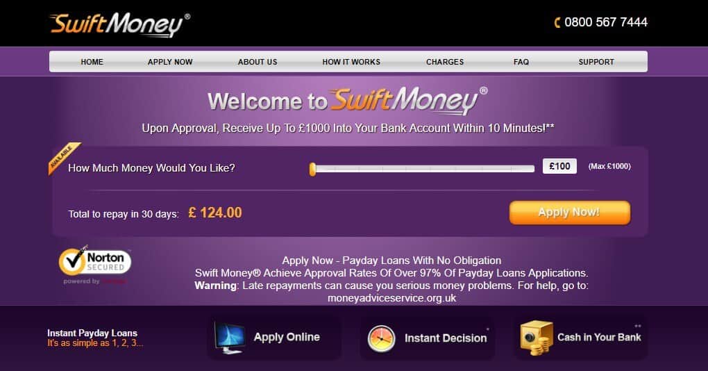 Screengrab of Swift Money home page