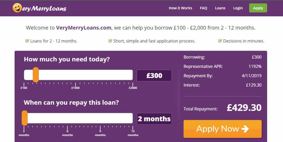 Screengrab of Very Merry Loans home page