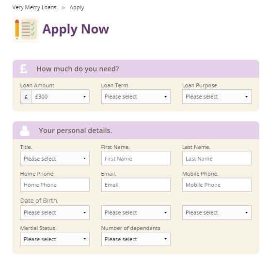 Very Merry Loans application page capturing personal info