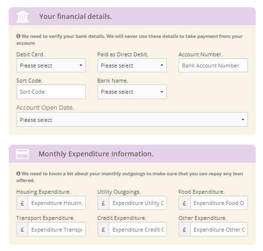Very Merry Loans application page capturing financial details