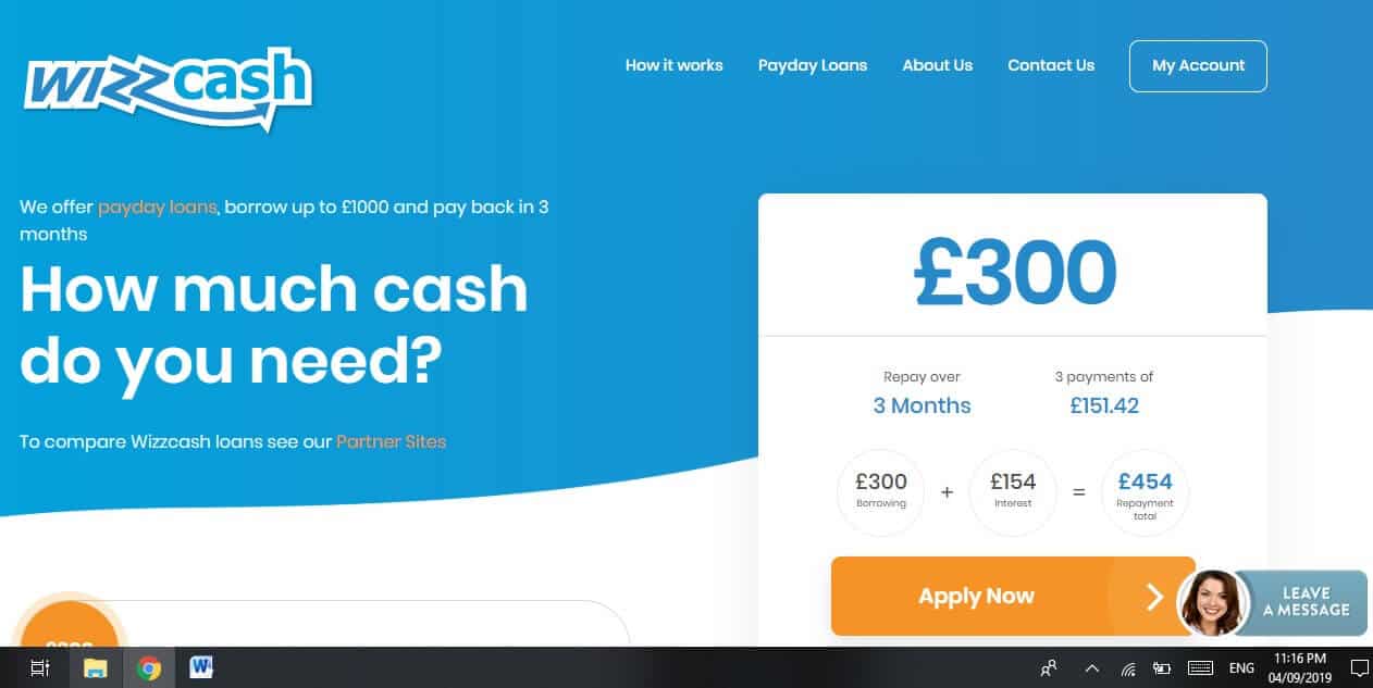 Screengrab of Wizzcash loans home page