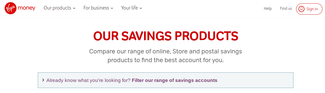 Screengrab of Virgin Money saving products page