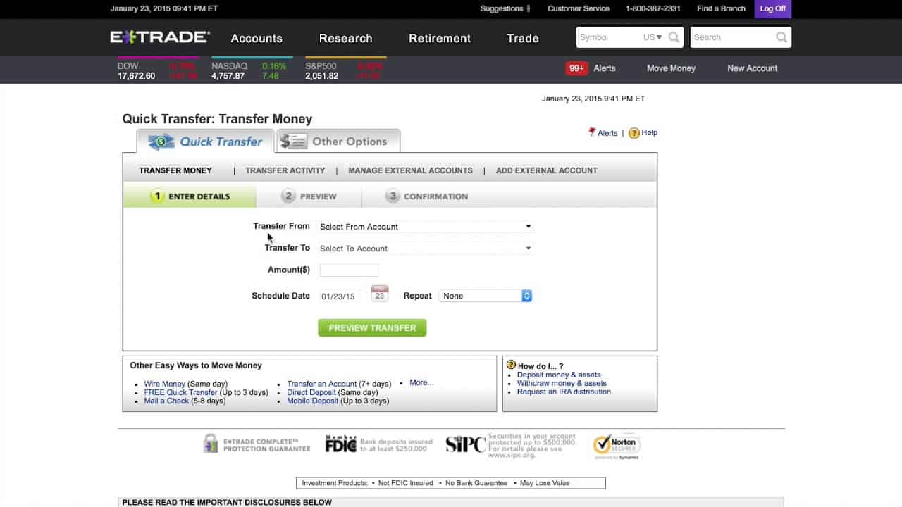 ETRADE Review - The funding page of ETrade brokerage