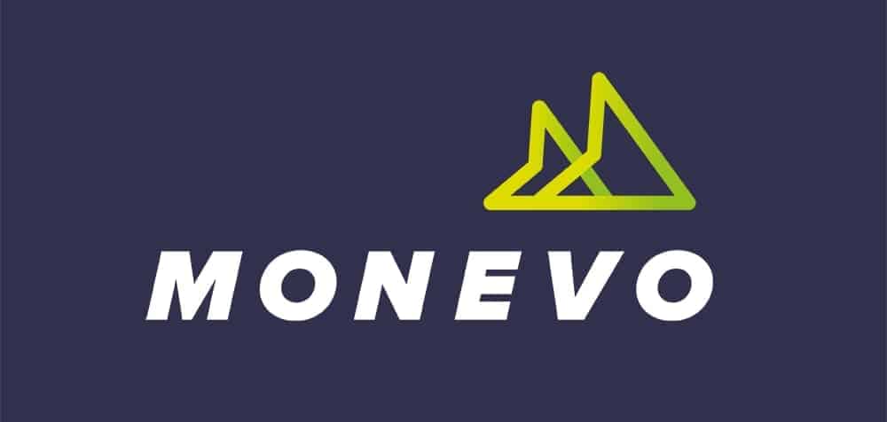 Monevo logo with two horizontal arrowheads against a navy blue background