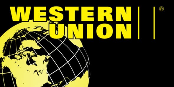 Western Union logo in yellow colors with circular world map in the background