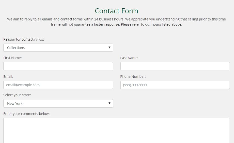 Screengrab of Speedycash contact form for contacting lender customer support