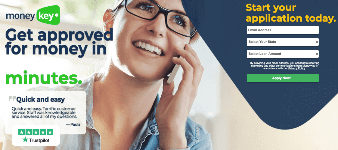 Smiling woman wearing glasses on the phone on the home page of MoneyKey 