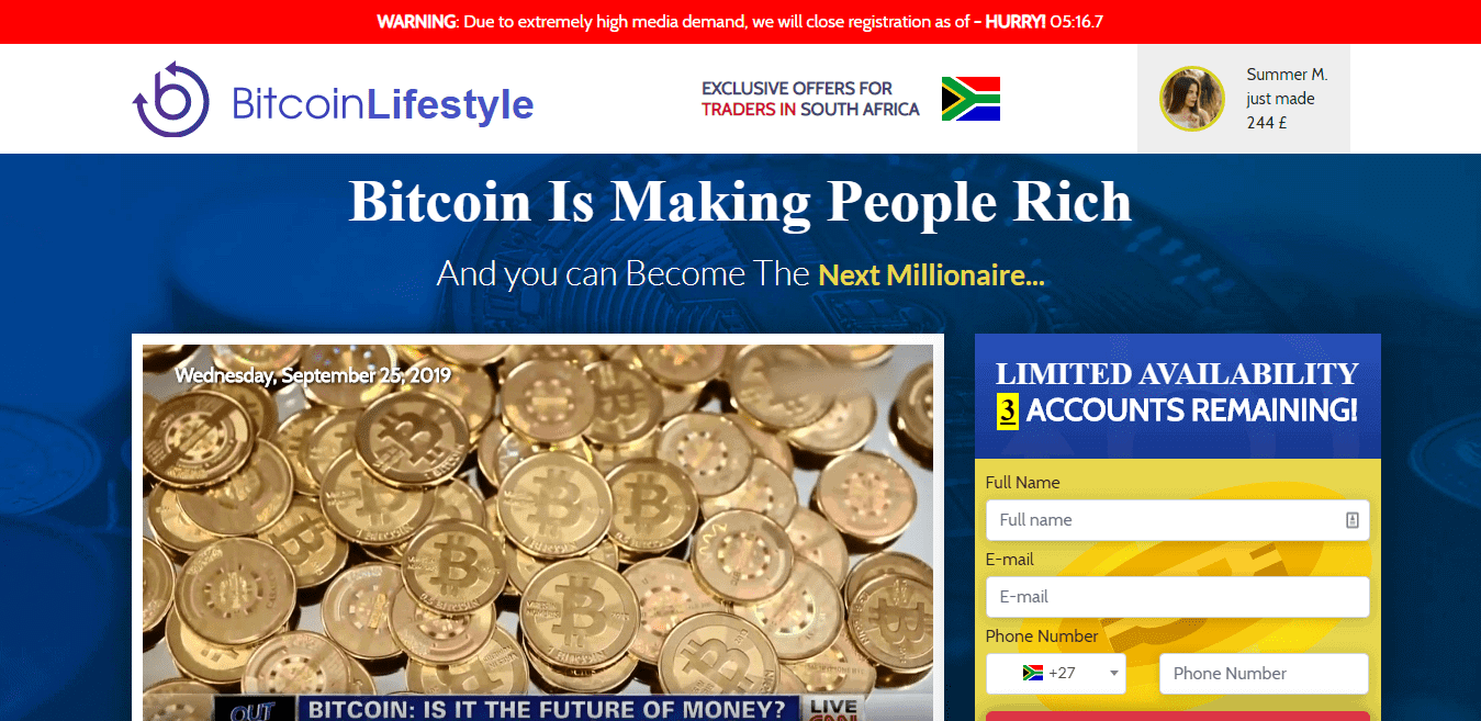 image of Bitcoin coins on homepage of Bitcoin Lifestyle featuting the registration/login form