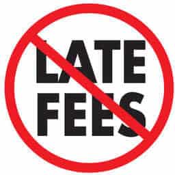 InboxLoan no late fees image: words LATE FEES in the cross-out circular NO road sign