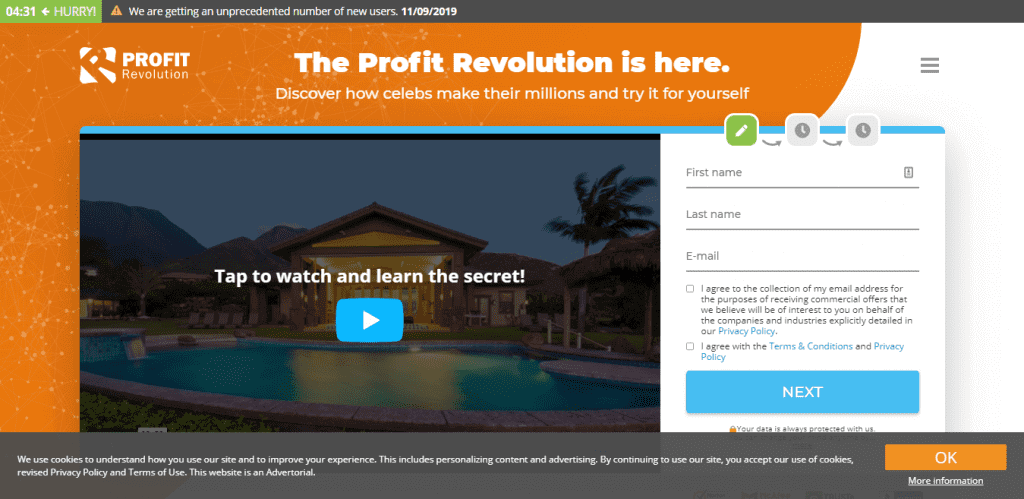 Video showing a house on Profit Revolution home page featuring a registration form 