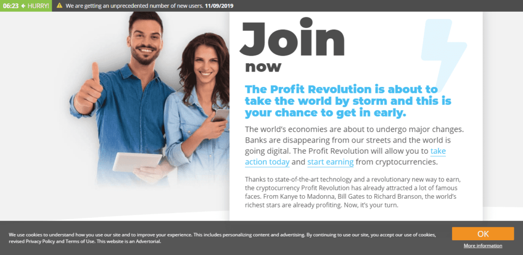 Smiling man holding tablet and woman holding phone on the Join Now page of Profit Revolt 