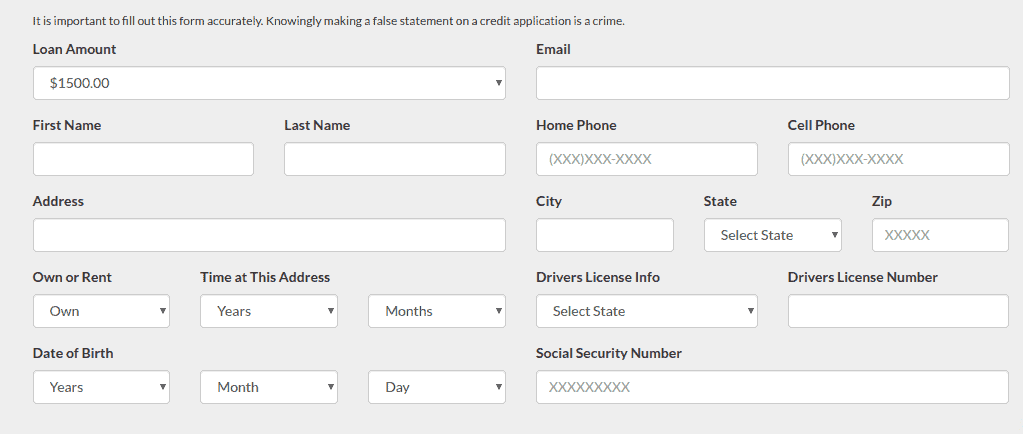 Screengrab of InboxLoan loan application page that captures your basic info