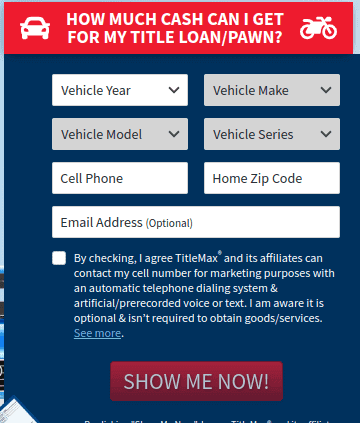 Loan amount inquiry page of TitleMax auto title loan company 