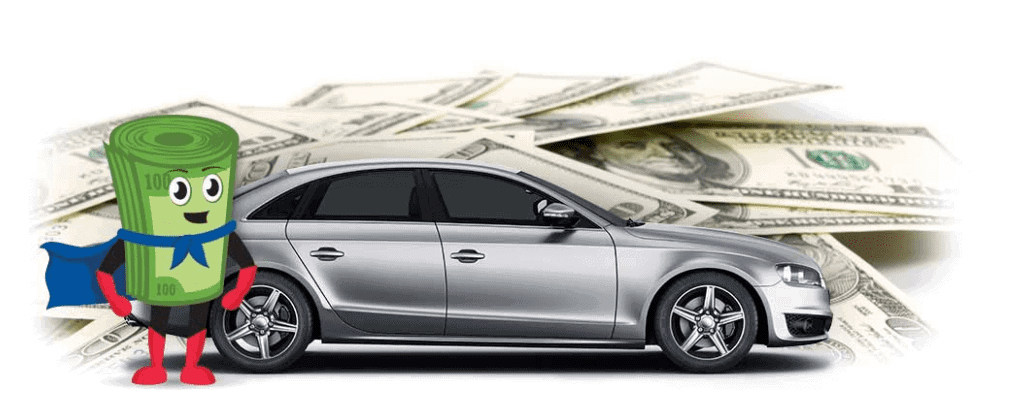 Cartooned roll of green cash bills besides a silver car besides and a pile of dollar bills - TitleMax