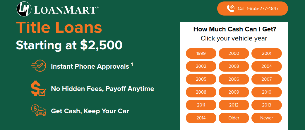 LoanMart title loans page showing how much you get for your type of vehicle and phone number