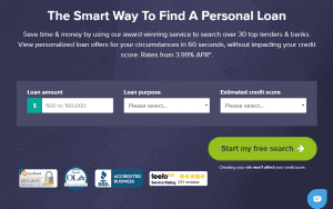Personal loan application page of Monevo capturing loam amount, purpose, and credit score 