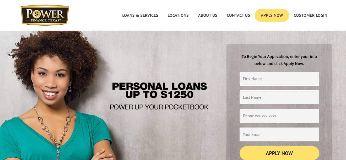 Smiling woman on the registration page of Power Finance Texas with apply now button with basic info requirements