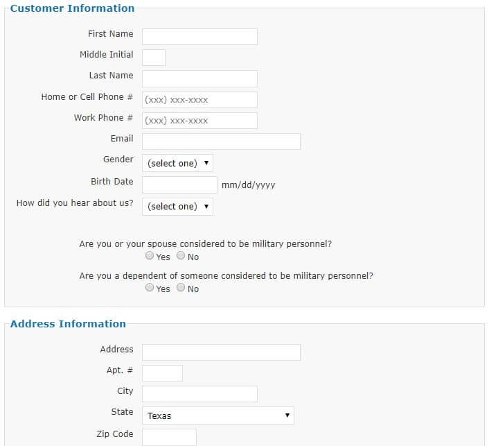 Screengrab of the registration page of Power Finance Texas capturing basic info 