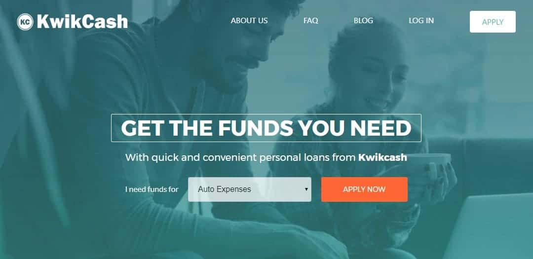 Man and woman smiling holding coffee on the home page of Kwikcash