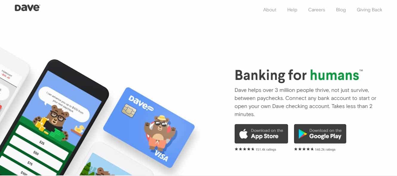 Smartphone with a bear on display alongside a VISA card on Dave.com loan app home page