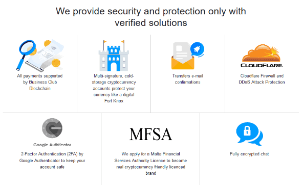 A screen grab of the different security and data protection measures employed by Business Club
