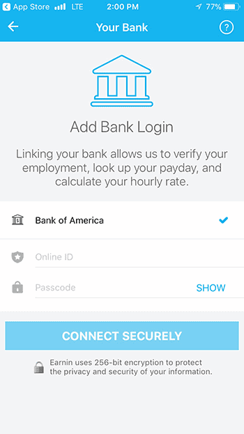 Earnin bank verification page requiring borrower to link app with their American Bank account