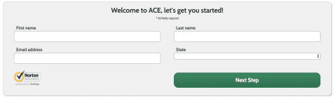 Screengrab of the first registration page of Ace Cash Express 