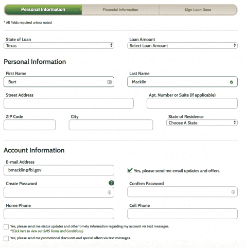 Client registration page of Ace Cash Express capturing personal info 