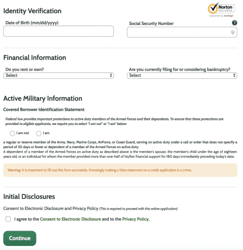 Identity verification page of Ace Cash Express 