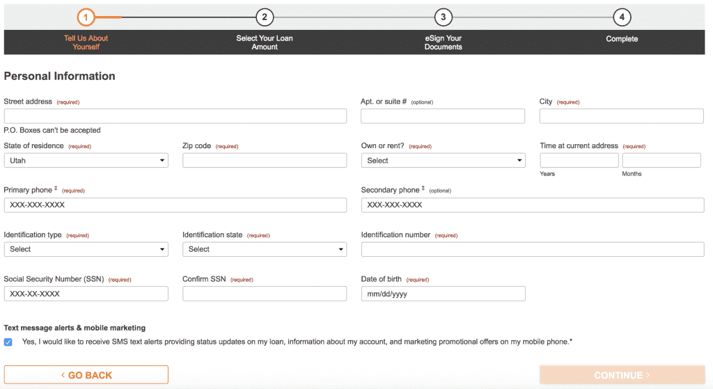 Screengrab of Check n Go account creation page capturing user's personal info 