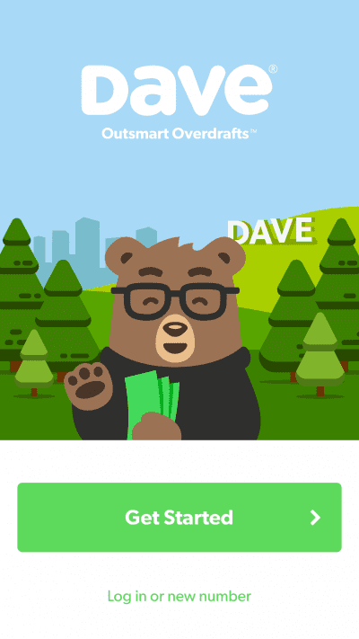 Login/registration page of Dave.com app featuring a bear wearing glasses holding cash notes 