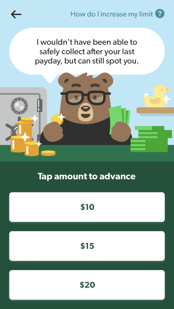 Bear wearing glasses with a pile of coins and notes on either hand on the loan application page of Dave.com app 
