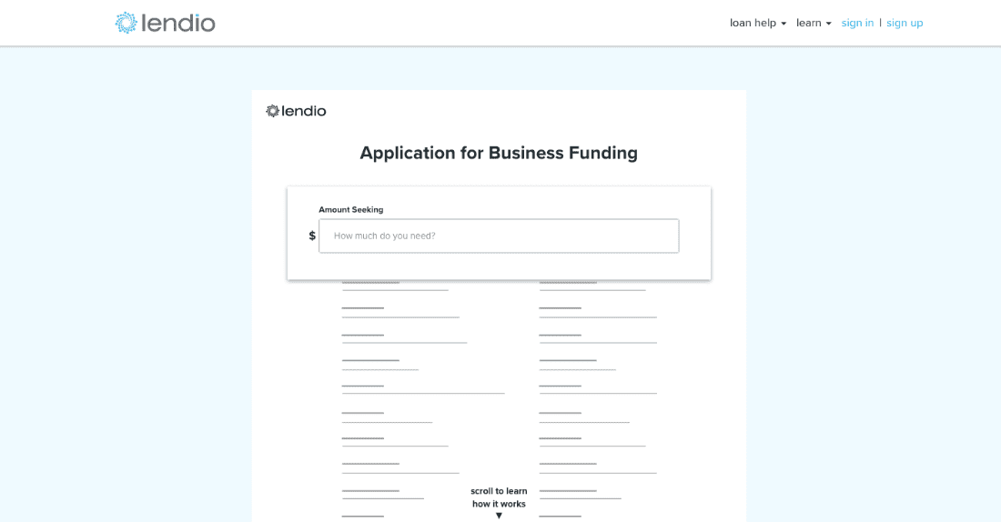Screengrab of Lendio's business funding application form