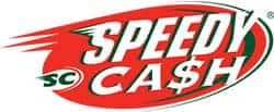 Speedy cash logo in red white against a red oval background 