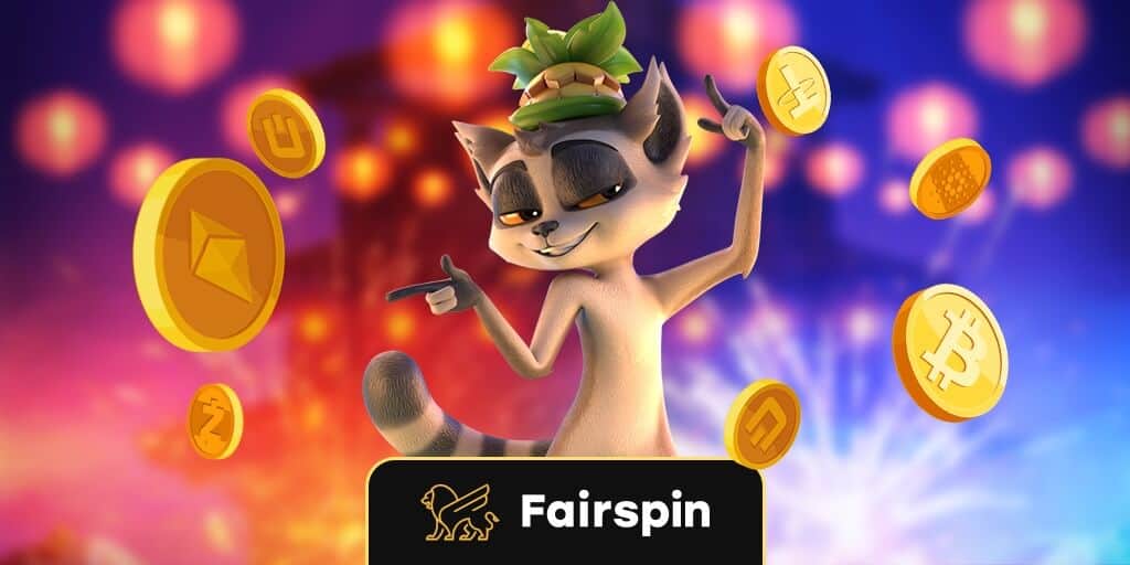 Fairspin Logo with a cartoon Lemur dancing amongst Bitcoins